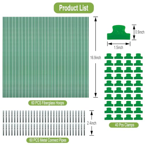 lifskydom 60PCS Garden Hoops for Raised Beds, 8FT Rust-Free Fiberglass Greenhouse Hoops, DIY Frame Stake to Create Grow Tunnels, Plant Support Row Covers & Garden Netting, 40Pcs Clips - Image 2