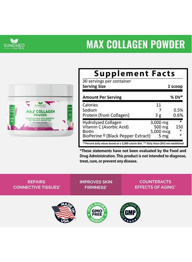Sundhed Natural Max Collagen Plus C (30 Day Supply) - All Natural Collagen Powder with Biotin & Bioperine to Boost Anti Aging Hydration & Skin Firmness - 500mg Vitamin C - Strengthen Bones & Nails - Image 3