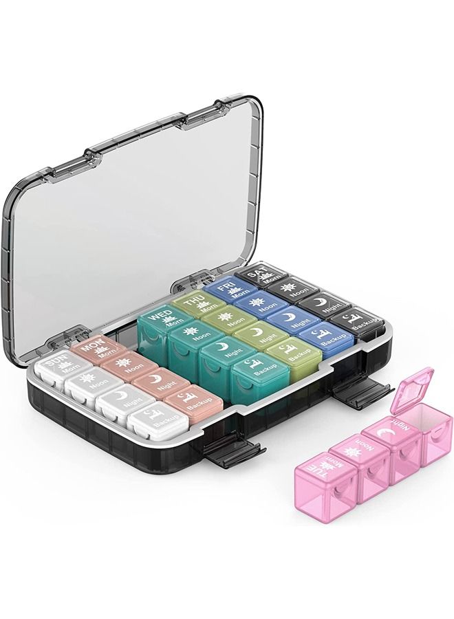 Arabest Weekly Pill Organizer 4 Times per Day, 28 Compartments Extra Large Medicine Box, Moisture-Proof and Waterproof 7 Days Travel Pill Case for Vitamin, Medicine, Fish Oil/Supplements, Black  - Image 1