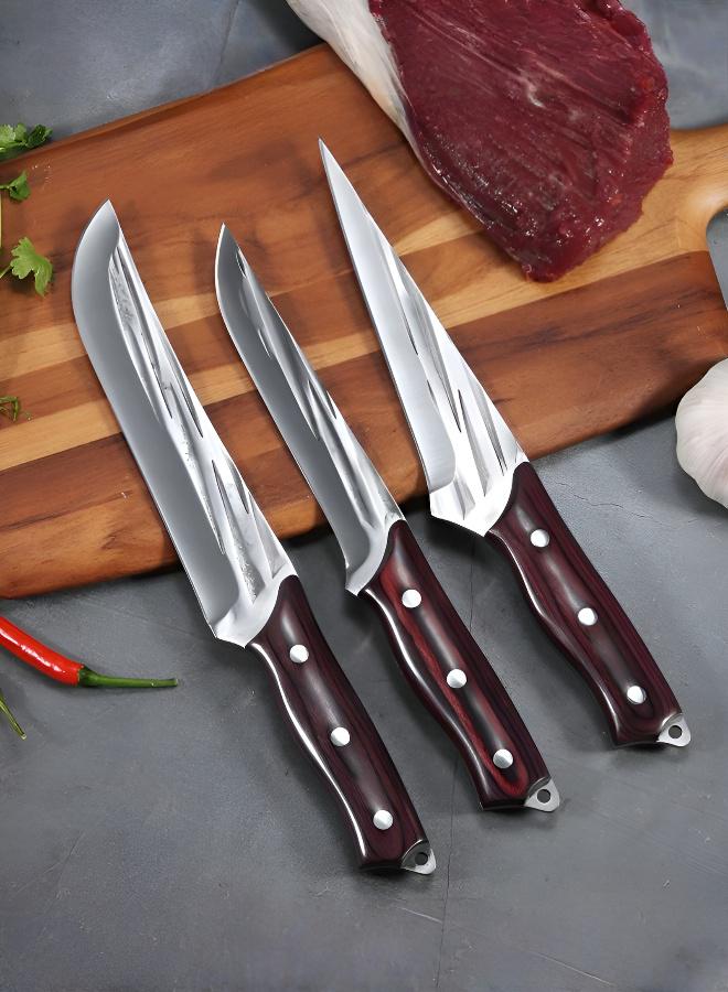 Three-Piece Hammered Pattern Knife Set: Slicing, Boning, and Utility V-Blade Knife - Image 1