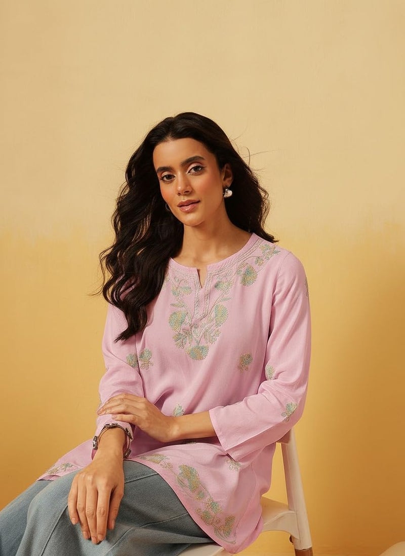 QAZMI Cotton Women's Zayesha Kashmiri A-Line Short Kurti Pink - Image 2