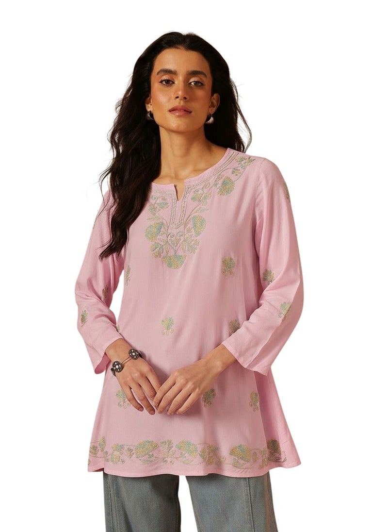 QAZMI Cotton Women's Zayesha Kashmiri A-Line Short Kurti Pink - Image 1