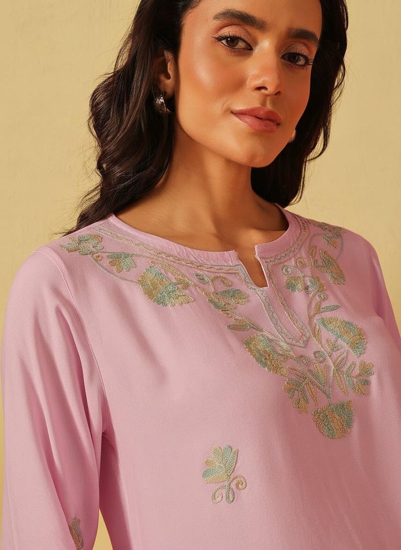 QAZMI Cotton Women's Zayesha Kashmiri A-Line Short Kurti Pink - Image 3