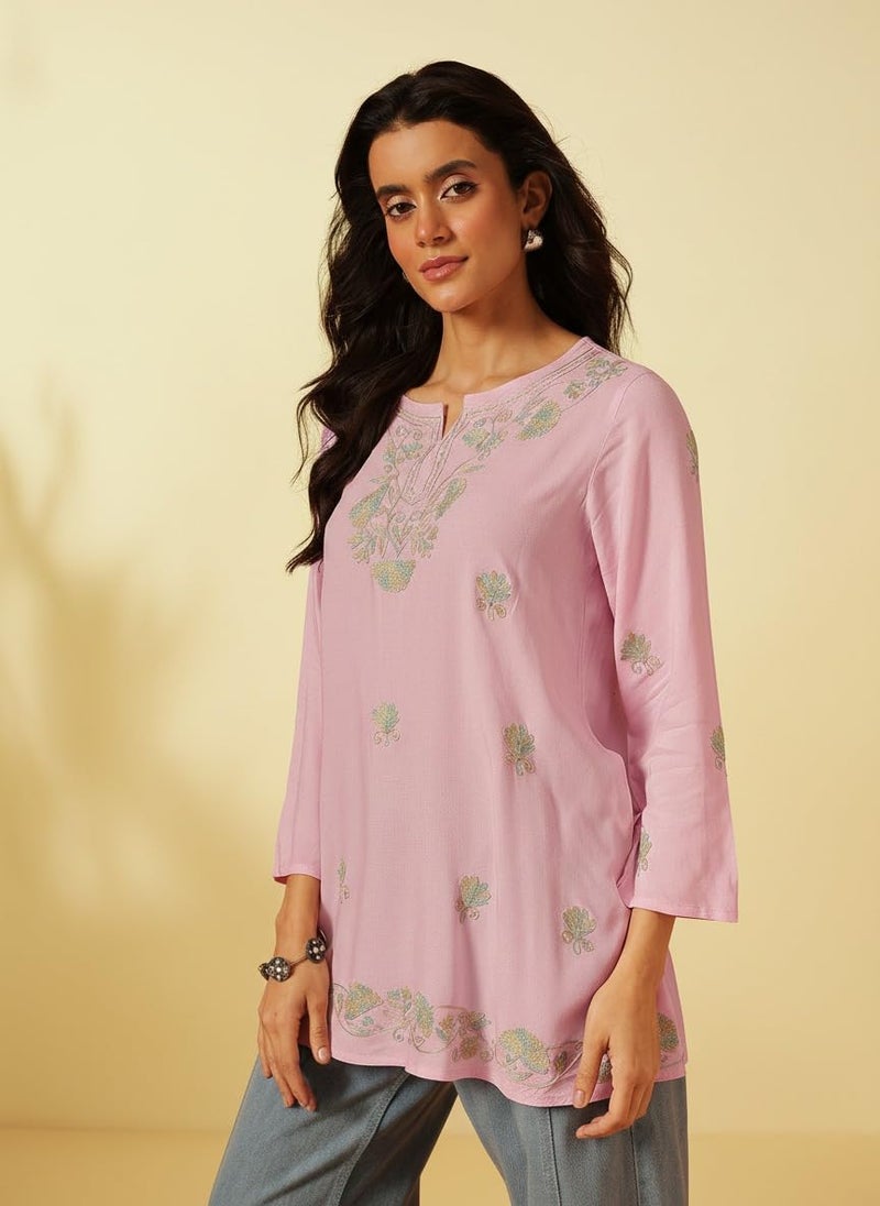 QAZMI Cotton Women's Zayesha Kashmiri A-Line Short Kurti Pink - Image 4