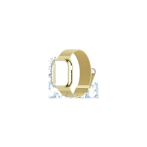 Vigamen Waterproof Stainless Steel Milanese Band with Case Compatible with Apple Watch Bands for Women Men 46mm,Magnetic Metal Wrist Straps for iWatch Series 10 11,Breathable,Adjustable,Gold - Image 1