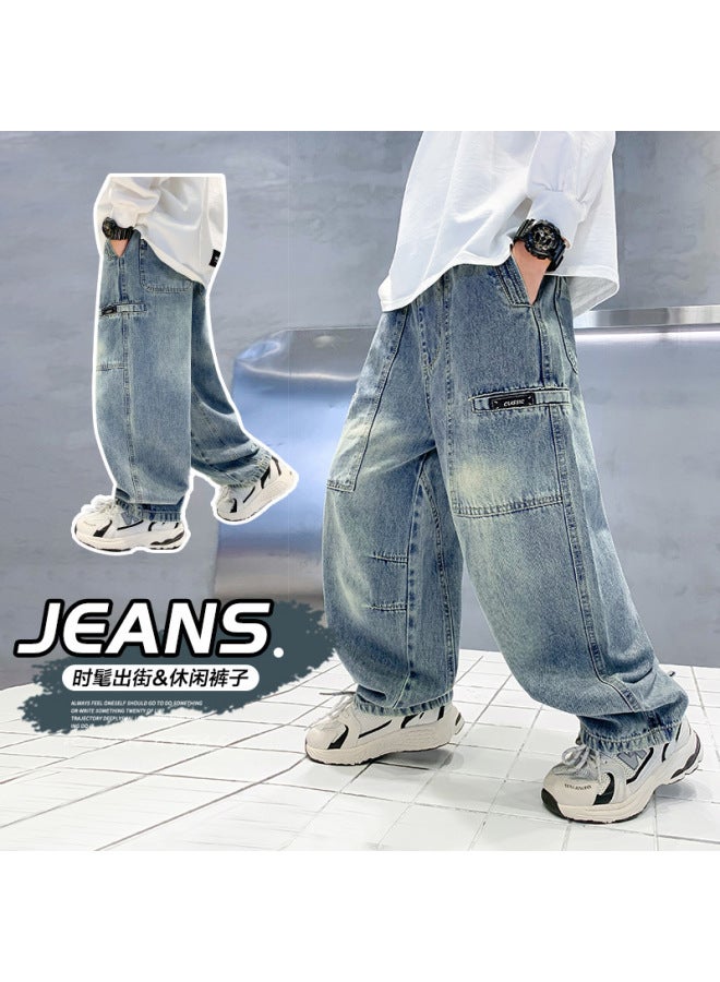 Boys' Autumn Gradient Straight-leg Cargo Jeans  New Children's Autumn Cool And Stylish Loose Pants For Older Kids