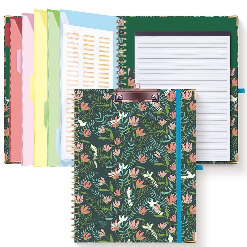 HAUTOCO Clipboard Folio with Refillable Notepad for Letter Size (11" x 8.5"), 5 Dividers with 10 Pockets, Elastic Pen Holder and File Folder Labels, Spiral Nurse Clipboard Artboard(Flower Bird) - Image 1