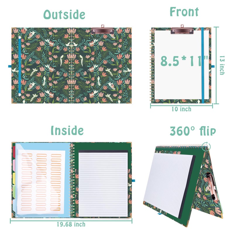 HAUTOCO Clipboard Folio with Refillable Notepad for Letter Size (11" x 8.5"), 5 Dividers with 10 Pockets, Elastic Pen Holder and File Folder Labels, Spiral Nurse Clipboard Artboard(Flower Bird) - Image 2