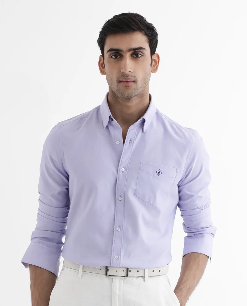 Rare Rabbit Men's Button-Down Formal Plain Shirt With Embroidered Logo