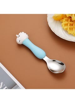 Generic Children's 304 Stainless Steel Portable Tableware Cartoon Spoon Fork Learning And Training Chopsticks Dinosaur Baby Fork Spoon Set-Specifications:Tableware-Color:[Large] Blue Handle Unicorn Spoon  - Image 1
