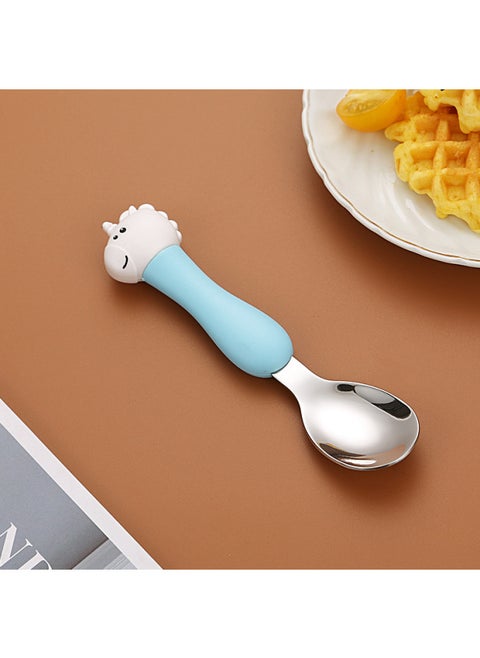 Children's 304 Stainless Steel Portable Tableware Cartoon Spoon Fork Learning And Training Chopsticks Dinosaur Baby Fork Spoon Set-Specifications:Tableware-Color:[Large] Blue Handle Unicorn Spoon