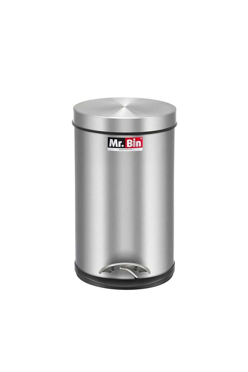 Mr. Bin Mr Bin Stainless Steel Dustbin SS 202 Plain Pedal Bin with Plastic Bucket and Lid 8 x 13 Garbage Bin StepOn Trash Can Round Shape Dustbin for Home Bathroom Kitchen Office 7 Liter - Image 1