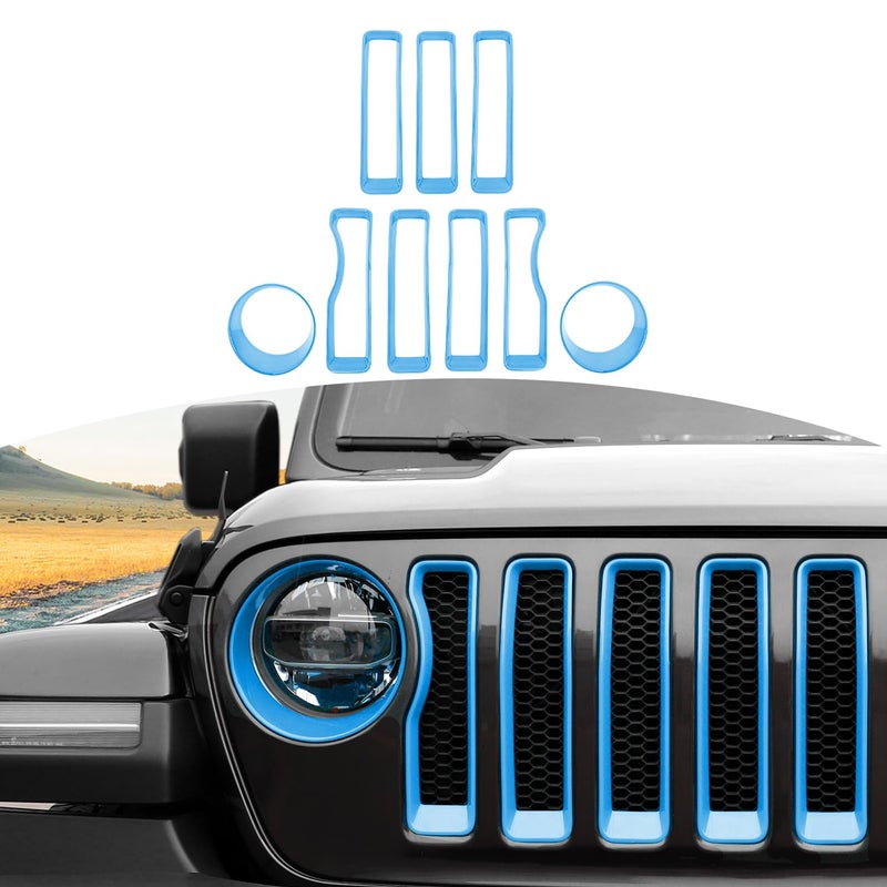RTTCZ for Wrangler JL Mesh Front Grille Grill Insert Headlight Light Cover Trim for Jeep Wrangler JL JLU 20182022 Baby Blue Exterior Accessories 9pcs