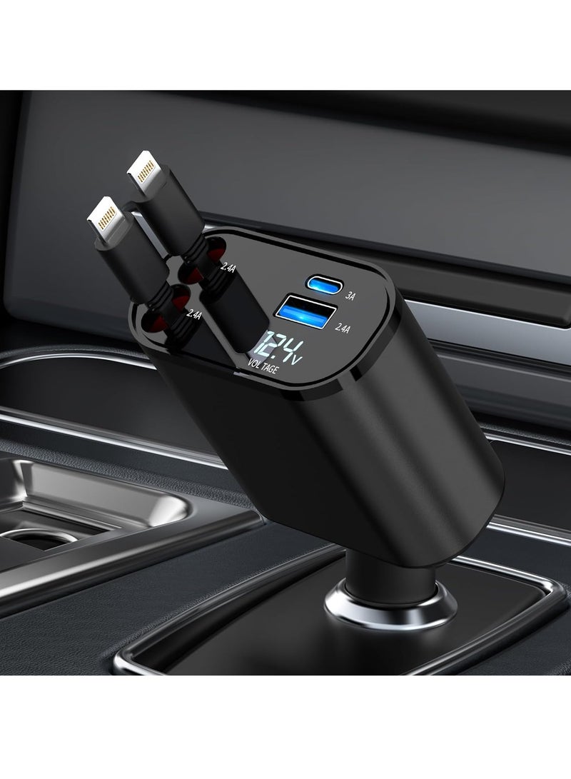 MIXDE Retractable Car Charger, 4 in 1 Fast Charging Car Charger 60W, 2 Retractable iPhone Charger Cables and USB Car Charger Compatible with iPhone 15/14/13/12/11 Pro Max - Image 1