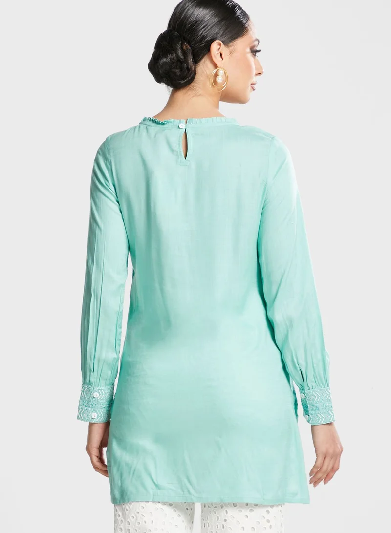 globaldesi Ruffle Detail Crew Neck Top