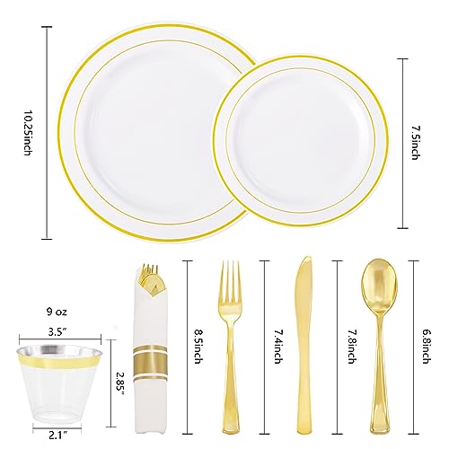 WELLIFE 210 Piece Gold Plastic Dinnerware Set, Include: 30 Dinner Plates, 30 Dessert Plates, 30 Pre Rolled Napkins with Silverware and 30 Cups - Image 2