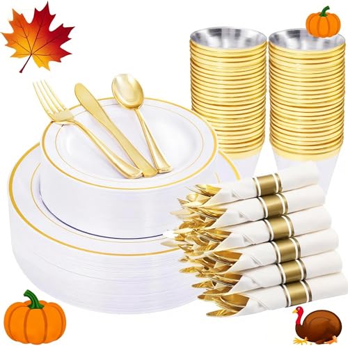 WELLIFE 210 Piece Gold Plastic Dinnerware Set, Include: 30 Dinner Plates, 30 Dessert Plates, 30 Pre Rolled Napkins with Silverware and 30 Cups - Image 1