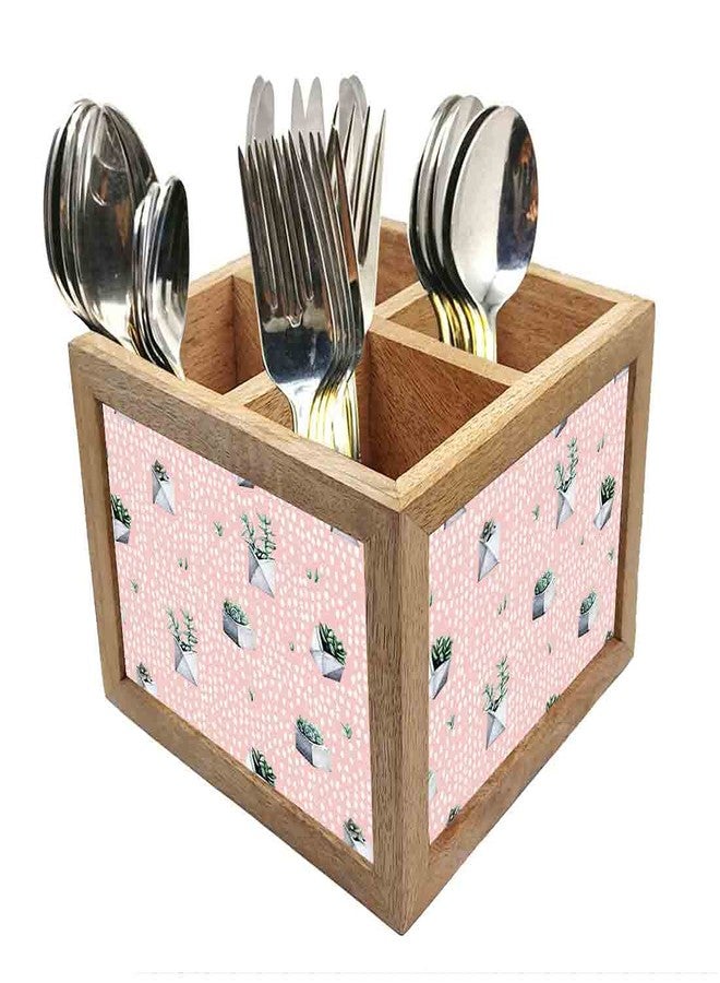 Nutcase Wooden Cutlery Stand Holder Silverware Caddy Spoons Forks Knives Organizer for Dining Table & Kitchen -Made in India-Spoons NOT Included - Cactus Pink - Image 1