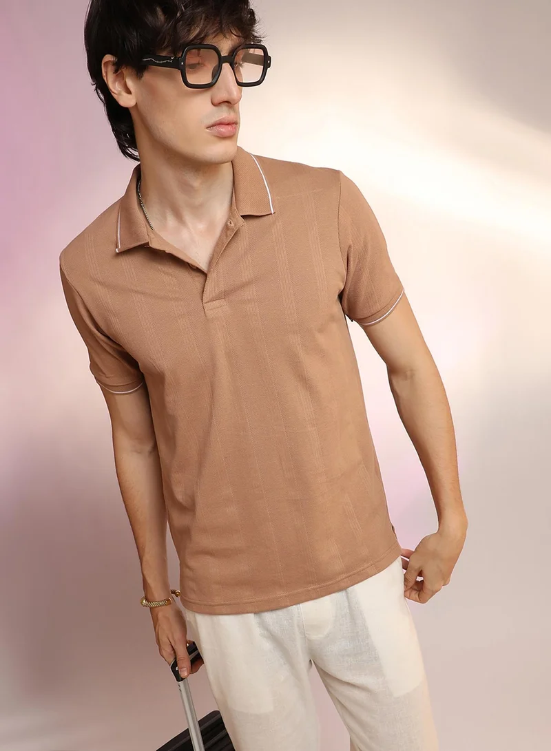 Men's Buff Beige Lined-Knit Polo T-Shirt