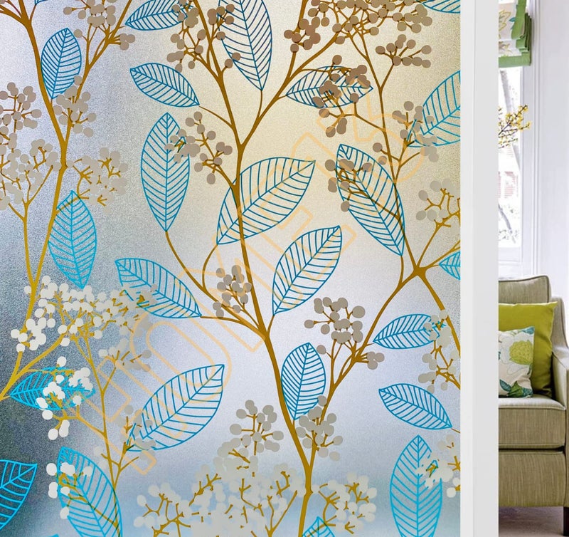HOME13 Blue Leaf Frosted Window Film Anti UV Privacy Self Adhesive Window Glass Sticker for Home & Offie (16"x148" Inch, Blue Leaves Frosted) - Image 1