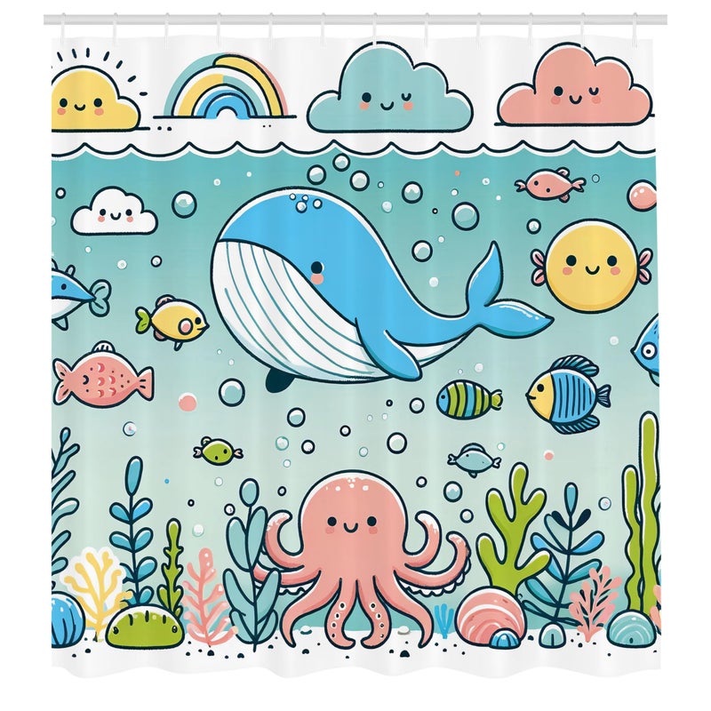 Ambesonne Ambesonne Underwater Shower Curtain  Happy Marine Life Cartoon Scene Octopus Whale Fish Clouds and Rainbow  Cloth Fabric Bathroom Decor Set with Hooks  69"" W x 70"" L  Seafoam Coral Blue - Image 4