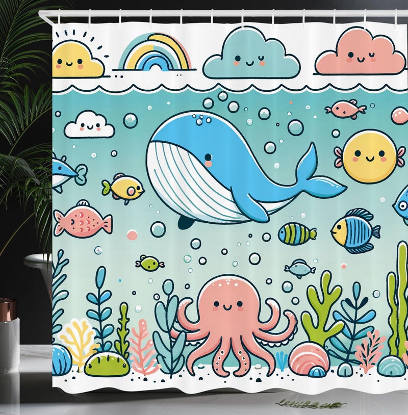 Ambesonne Ambesonne Underwater Shower Curtain  Happy Marine Life Cartoon Scene Octopus Whale Fish Clouds and Rainbow  Cloth Fabric Bathroom Decor Set with Hooks  69"" W x 70"" L  Seafoam Coral Blue - Image 1