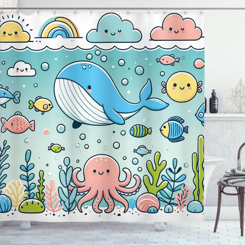 Ambesonne Ambesonne Underwater Shower Curtain  Happy Marine Life Cartoon Scene Octopus Whale Fish Clouds and Rainbow  Cloth Fabric Bathroom Decor Set with Hooks  69"" W x 70"" L  Seafoam Coral Blue - Image 3