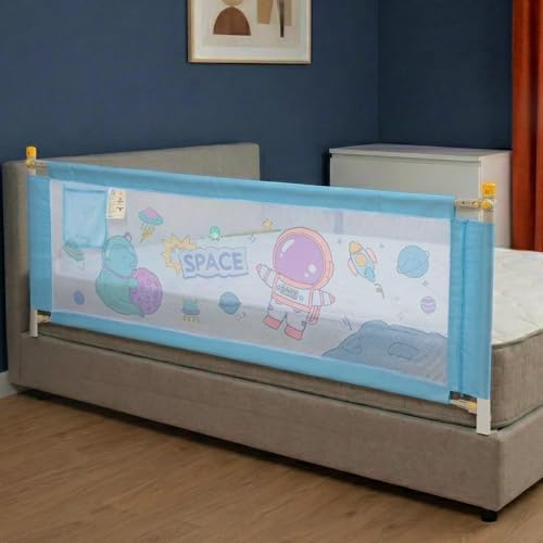 Evafly Bed Railing for Baby Safety Astronaut Print, L-180cm x Adjust Height Between 68-93cm, Single Side Bed Rail for Infant & Toddler's Safety-Grey - Image 1