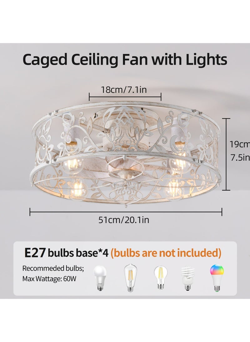 Caged Ceiling Fan with Light,51cm Flush Mount Ceiling Fan with Remote,Bladeless Fandelier Ceiling Fans with Lights,Small Low Profile Ceiling Fan for Bedroom,Kitchen,Dining Room,White Gold Color - Image 3