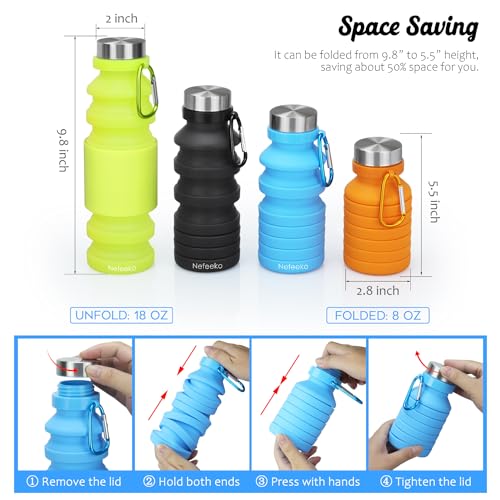 Nefeeko Collapsible Water Bottle, 18floz Reuseable BPA Free Silicone Foldable Water Bottles for Travel Gym Camping Hiking, Portable Leak Proof Sports Water Bottle with Carabiner - Image 2