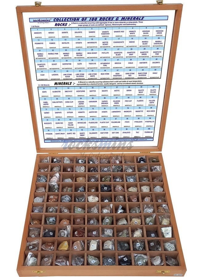 Rocksmins Collection of 100 Rocks & Minerals in a Export Quality Steam Beach Wood Wooden Box RM100WB Big Specimens of 50 Rocks and 50 Minerals in one kit for Education of Geology Earth Science Kit - Image 1