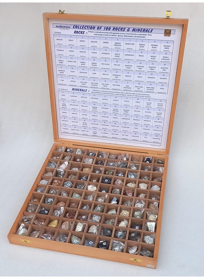 Rocksmins Collection of 100 Rocks & Minerals in a Export Quality Steam Beach Wood Wooden Box RM100WB Big Specimens of 50 Rocks and 50 Minerals in one kit for Education of Geology Earth Science Kit - Image 2