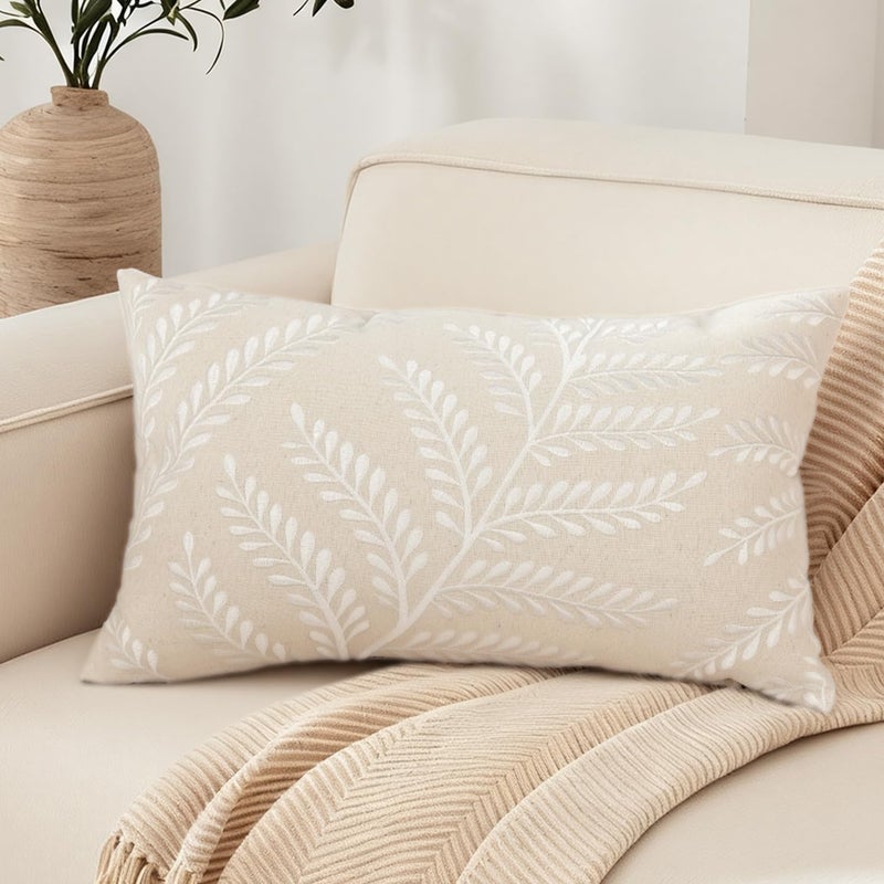 RinRinfam Embroidered Throw Pillow Cover 12x 20, Classical Boho Leaves Natural Linen Pillow Cushion Case, Farmhouse Home Decor for Outdoor Couch Bedroom Car White - Image 1