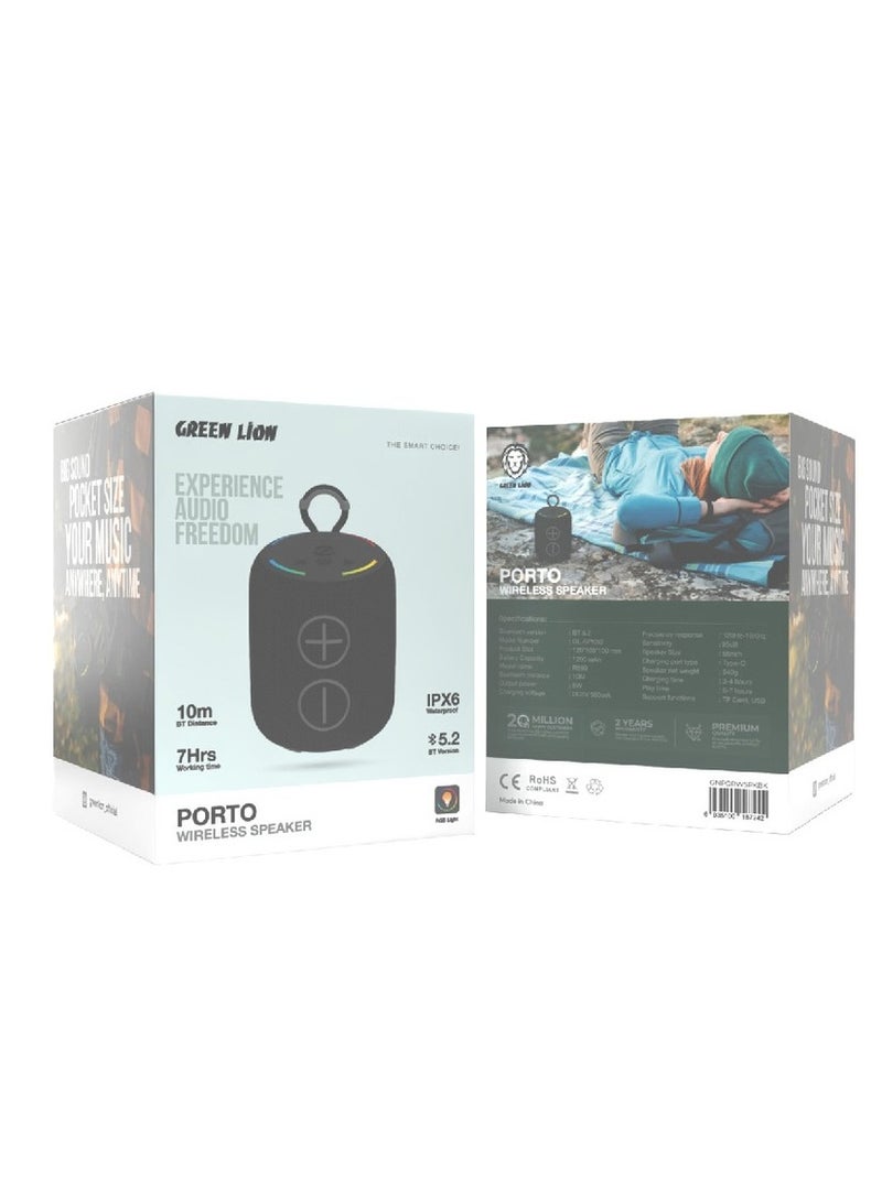 GREEN LION Porto Wireless Speaker / Output Power 8W / IPX6 Waterproof / Extra Bass / RGB Light / 1200mAh Battery Capacity - Black - Image 3