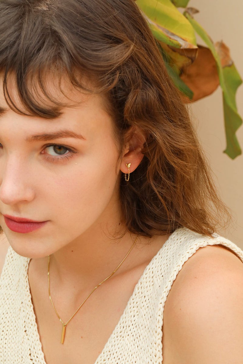 S.Leaf Butterfly Stud Earrings with Chain Sterling Silver Chain Earrings for Women Gold Plated Butterfly Dangle Earrings for Women Trendy - Image 5