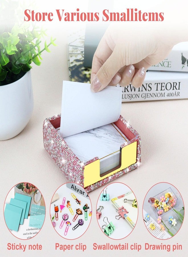 MultiBey Rhinestone Sticky Note Holder, 4 x 4 Inches Pink Arylic Post it Note Dispenser Cute Self Sticky Note Pad Holder, Pink Bling Sticky Memo Holder for Desk Office Home Supplies - Image 2