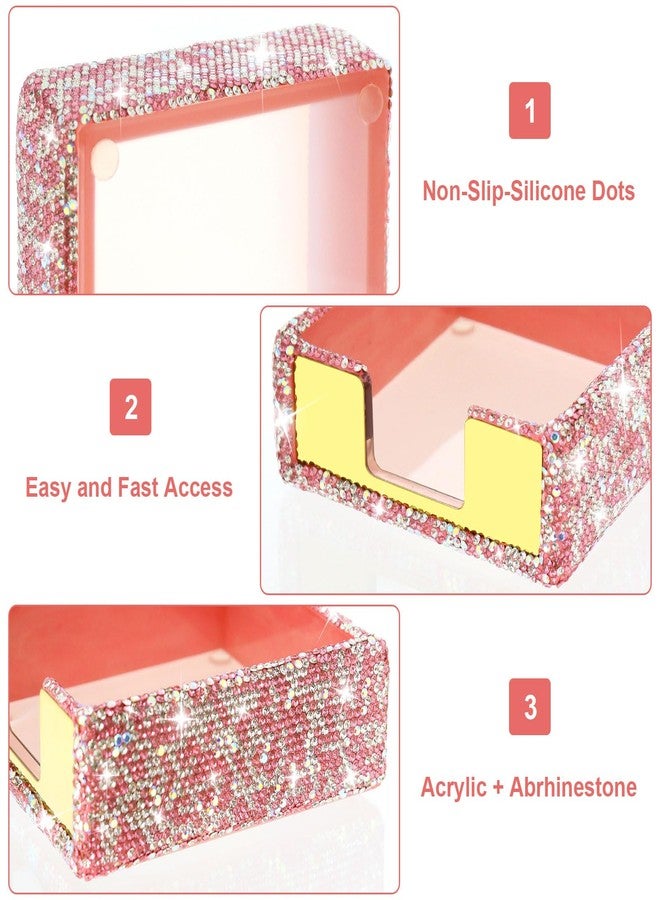 MultiBey Rhinestone Sticky Note Holder, 4 x 4 Inches Pink Arylic Post it Note Dispenser Cute Self Sticky Note Pad Holder, Pink Bling Sticky Memo Holder for Desk Office Home Supplies - Image 3