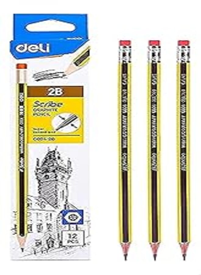 Deli graphite pencil 2.4 mm c004-2b with eraser tip - yellow and black