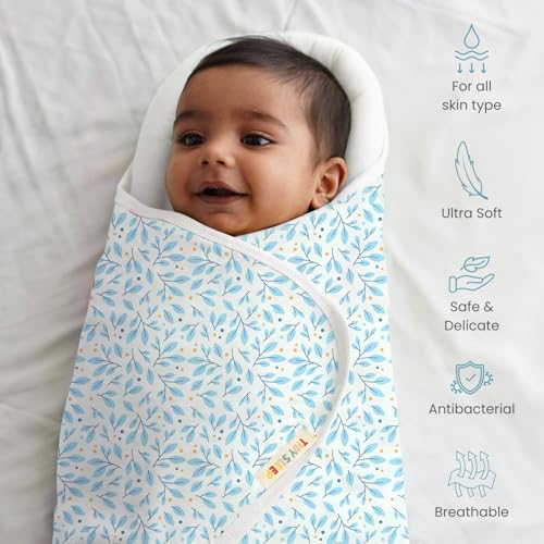 TIDY SLEEP Baby Swaddle Wrappper Adjustable for Newborn || 100% Cotton Soft || Newborn Blanket for 0-3 Months (Blue Leaf) - Image 2