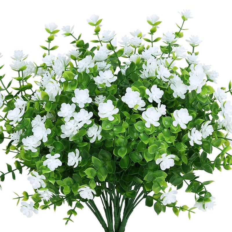 KLEMOO 8 Bundles Outdoor Artificial Fake Flowers UV Resistant No Fade Boxwood Faux Plastic Plants for Garden Patio Porch Window Box Home Wedding Farmhouse Dcor White