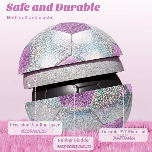 OKWUYiK Soccer Ball Size 3 Glitter Pink & Silver Spliced with Pump Toddler Soccer Ball for Kids Aged 3-6 Outdoor Training Ball for Girls Boys Children Youth Teens (Purple & Silver Spliced, 3) - Image 3