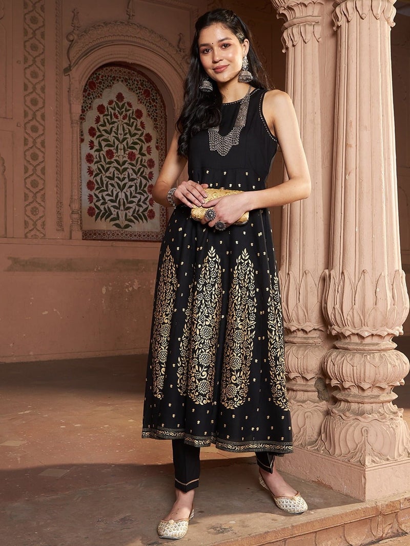 PRASHA Women Black Floral Printed Anarkali Kurta with Trousers - Image 1