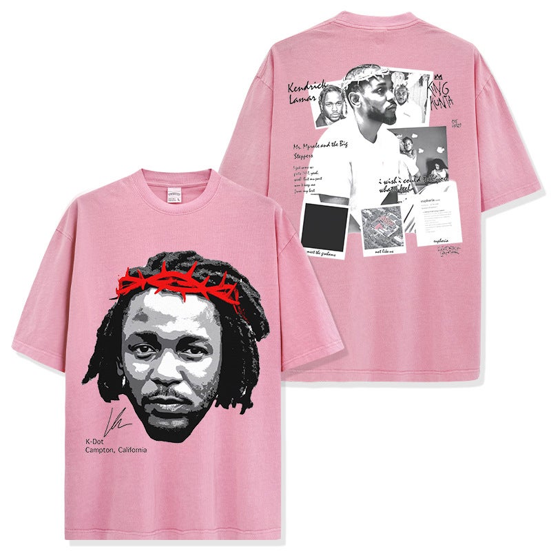 Retro American K. Dot Kenny Kendrick Printed Washed Short Sleeve T-Shirt Heavy Cotton T - Image 1