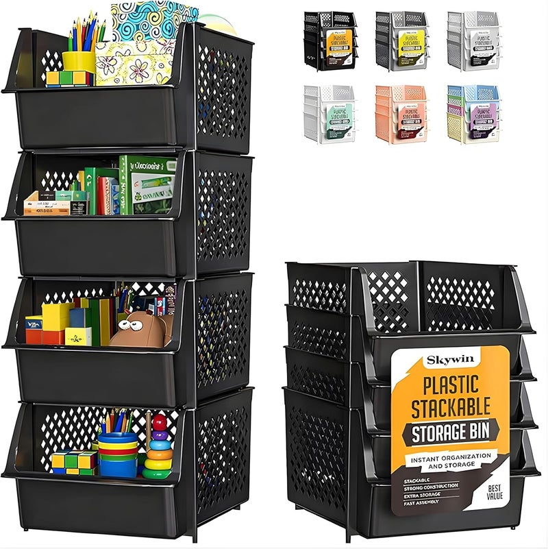 Skywin Stackable Storage Bins Open Front for Pantry Storage, 4 Pack - Black | Sturdy Plastic, Easy Stacking, Open Front Access, Ventilated Sides, Vertical & Space Saving Pantry Organizers and Storage Bin - Image 1