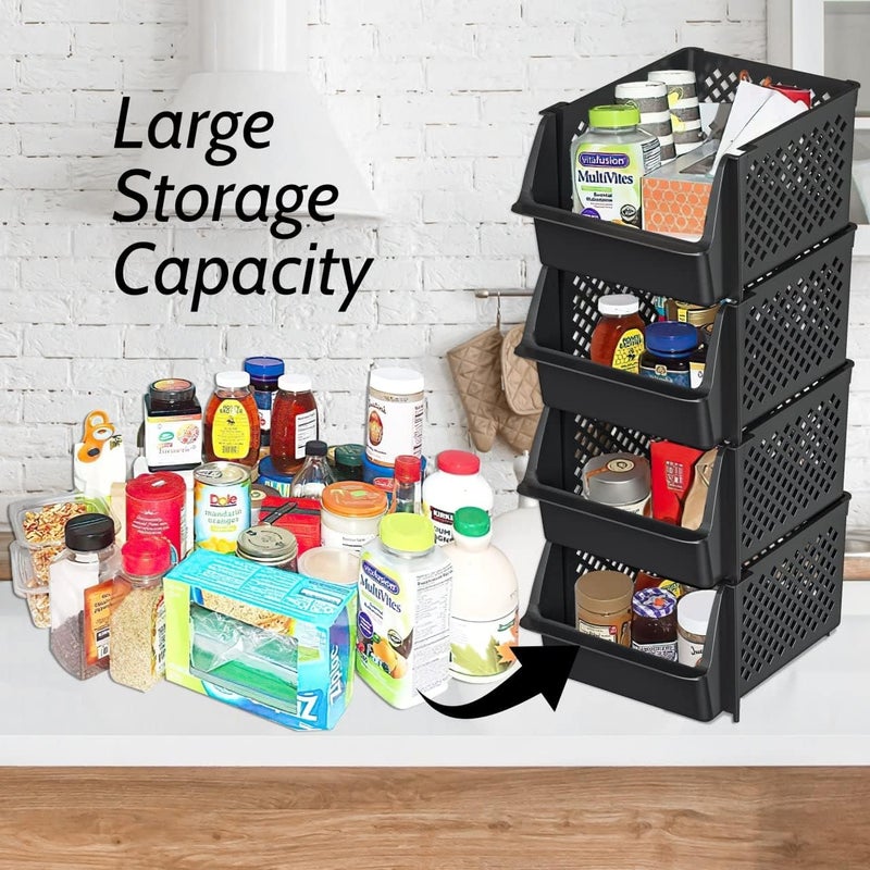 Skywin Stackable Storage Bins Open Front for Pantry Storage, 4 Pack - Black | Sturdy Plastic, Easy Stacking, Open Front Access, Ventilated Sides, Vertical & Space Saving Pantry Organizers and Storage Bin - Image 3