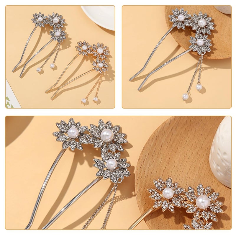 Silver Sunflower Hair Stick with Pearl Tassel Metal Hair Chopstick for Women and Bun Styling - Image 5