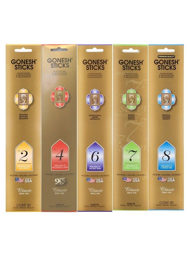 Gonesh Incense Extra Rich Collection Variety Pack 5 Packs 20 Sticks Each (Number 2 4 6 7 8) - Image 1
