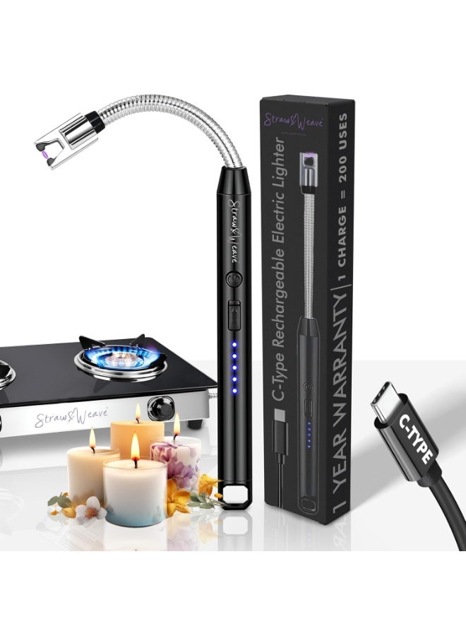 STRAW&WEAVE Rechargeable Electric Gas Lighter for Kitchen, Lighter for Gas Stove, Candles, Pooja, 1 Year Warranty, C-Type USB, Kitchen Tools, Multi Purpose - 360° Flexible & Windproof, Black - Image 1