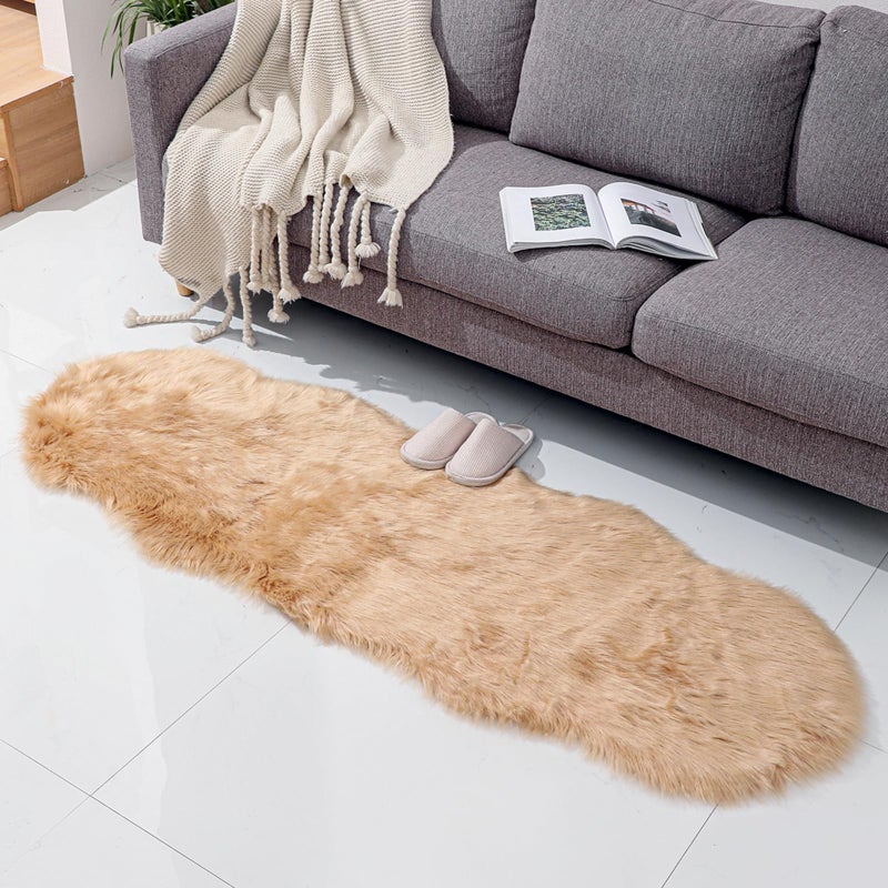 linmopm Faux Fur Rug Sheepskin Shag Fluffy Fuzzy Beige 2x6 ft Runner Rugs for Bedroom Bedside Bed Floor Living Room Plush HighDensity Cushion Carpet Super Sofa Cover