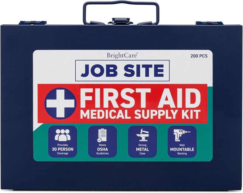 Metal Case First Aid Kit for Job Site & Contractors - OSHA Compliant, Heavy Duty Case for Work Trucks, Fleet, Renovation, Industrial, and Construction- 200 Piece Wall Mount First Aid Kit